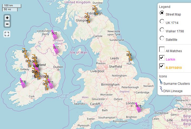 Genetic map combining Y-DNA branch locations with historical surname locations.